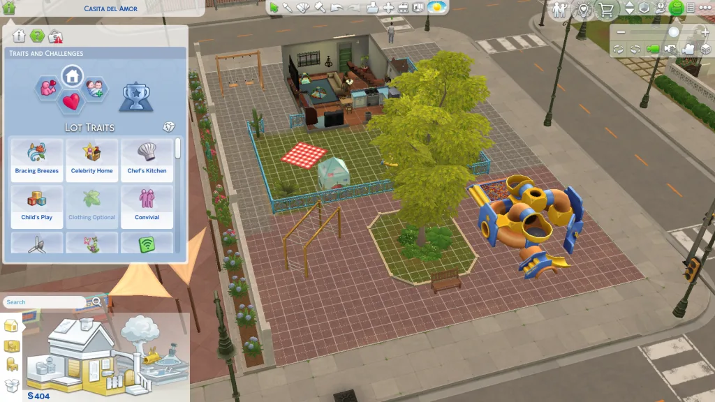 A Buy/Build Mode overhead shot of a property including children's play equipment and a list of traits and challenges. The traits selected are On Ley Line, Single's Hangout, and Romantic Aura. It's in Ciudad Enamorada.