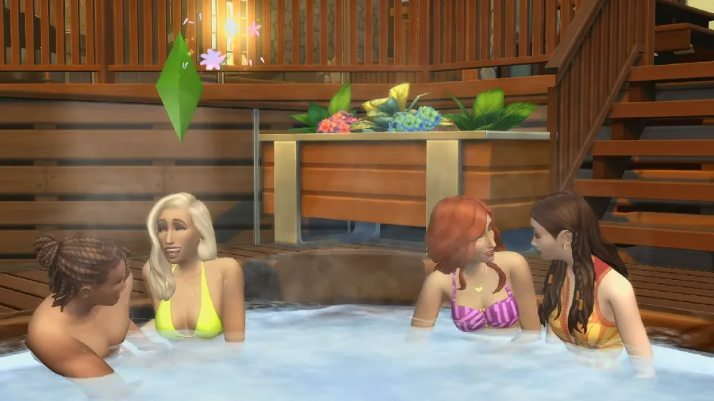 Nina and Dina Caliente cuddling up with two other Sims in a hot tub in Adventure Awaits. The Sims are laughing and talking.