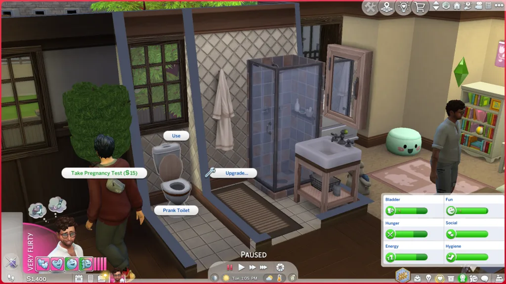 A toilet in Mt Komorebi in The Sims 4 in the Akiyama household. A Sim is interacting with the toilet to show the Take Pregnancy Test (15 Simoleons) option.