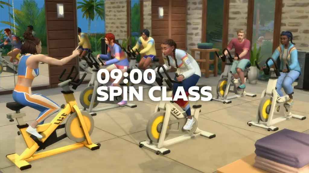 A spin class with rows of static bicycles and loads of Sims learning in sportswear.