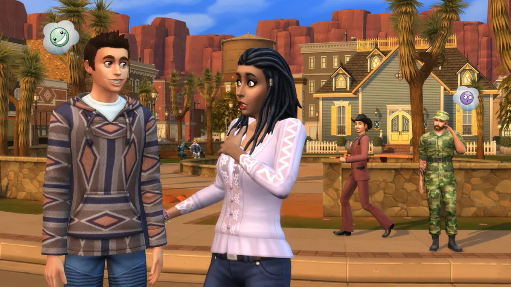 A sim with a creepy smile shocks someone else on the street of a desert town.