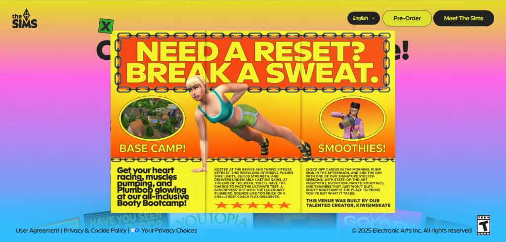 An overview of the Booty Bootcamp brochure from Sim Your Adventure .Com, a website promotoing The Sims 4: Adventure Awaits. Full alt text is in their website.