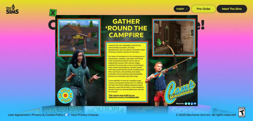 An overview of the Camp Bewilderness brochure from Sim Your Adventure .Com, a website promotoing The Sims 4: Adventure Awaits. Full alt text is in their website.