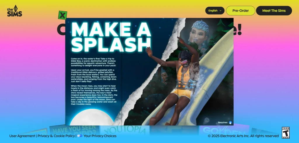 An overview of the Make A Splash brochure from Sim Your Adventure .Com, a website promotoing The Sims 4: Adventure Awaits. Full alt text is in their website.