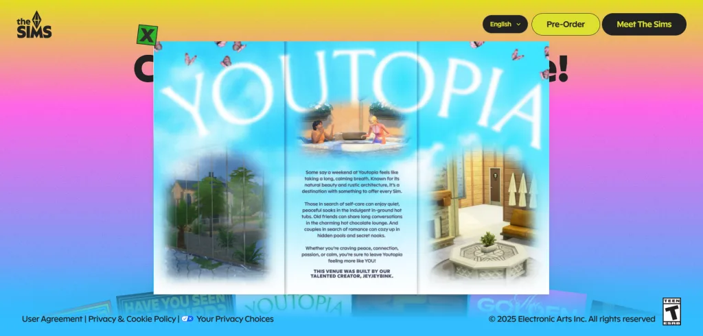 An overview of the Youtopia brochure from Sim Your Adventure .Com, a website promotoing The Sims 4: Adventure Awaits. Full alt text is in their website.