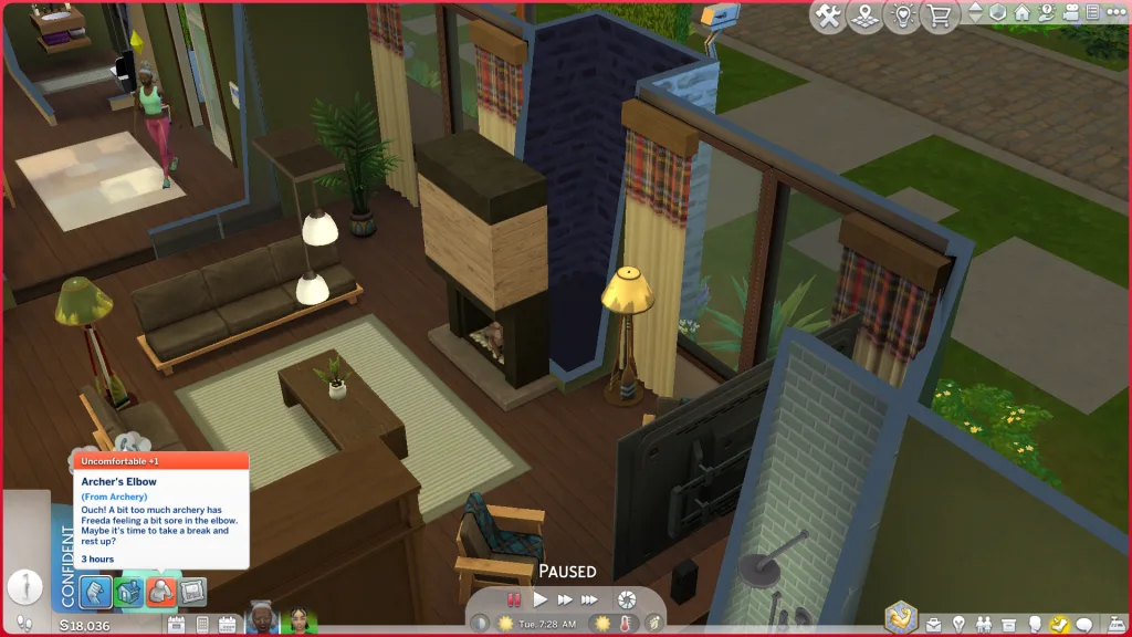 The Archer's Eblow moodlet buff showing an Uncomfortable +1 in the corner in The Sims 4: Adventure Awaits.