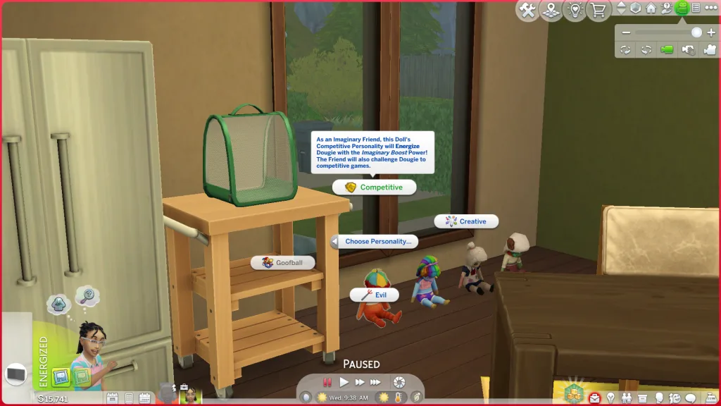 A row of Imagine Me dolls lined up in a kitchen with the Choose Personality menu open, showing four traits to choose from: competitive, creative, goofball, and evil.