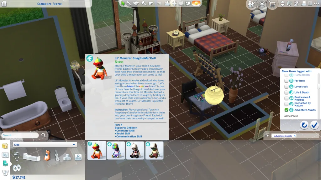 A filtered overview of Build/Buy Mode in The Sims 4, showing the Imagine Me dolls from Adventure Awaits. It's in the Kids section under Toys.