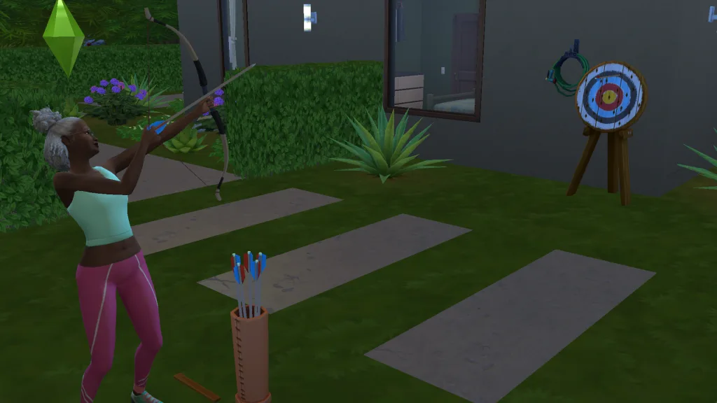 A Sim doing archery with the basic bow at a target in Gibbi Point in The Sims 4: Adventure Awaits. She's in the garden wearing sportswear.