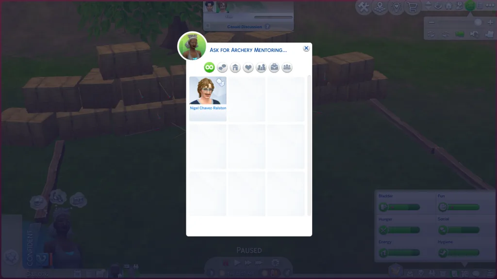 The ask for archery mentoring menu in The Sims 4: Adventure Awaits showing Nigel Chavez-Ralston.