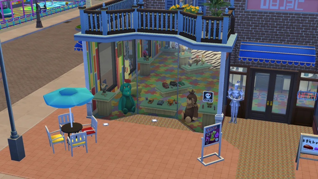 The toystore in The Sims 4: Get To Work's Magnolia Promenade, showing toys in the window behind full length glass walls.