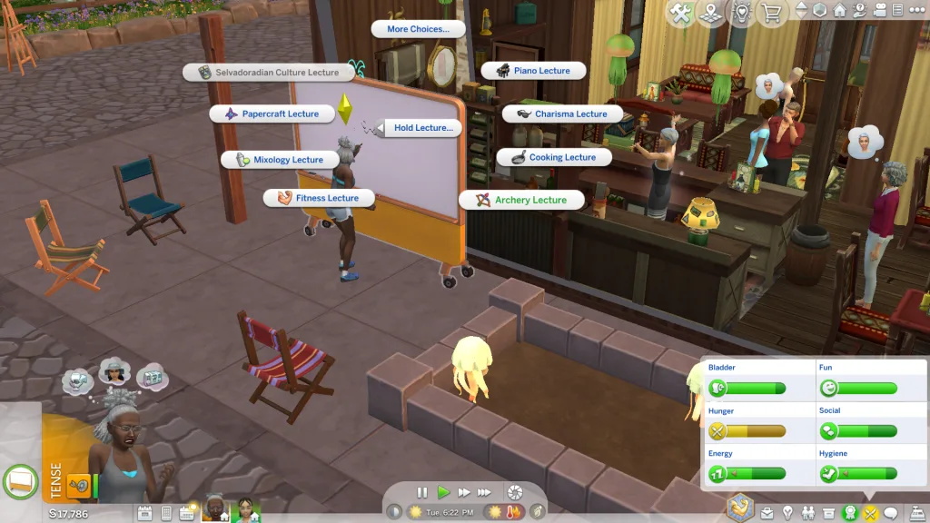 The pub in Gibbi Point In The Sims 4: Adventure Awaits with a lecture board outside showing a Sim lecturing in Archery, plus other options for her to teach in.
