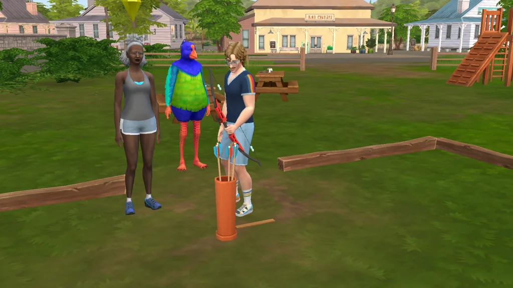 Three Sims, including a giant plumbird, doing archery in Gibbi Point in the sunlight in a park. It's in The Sims 4: Adventure Awaits.