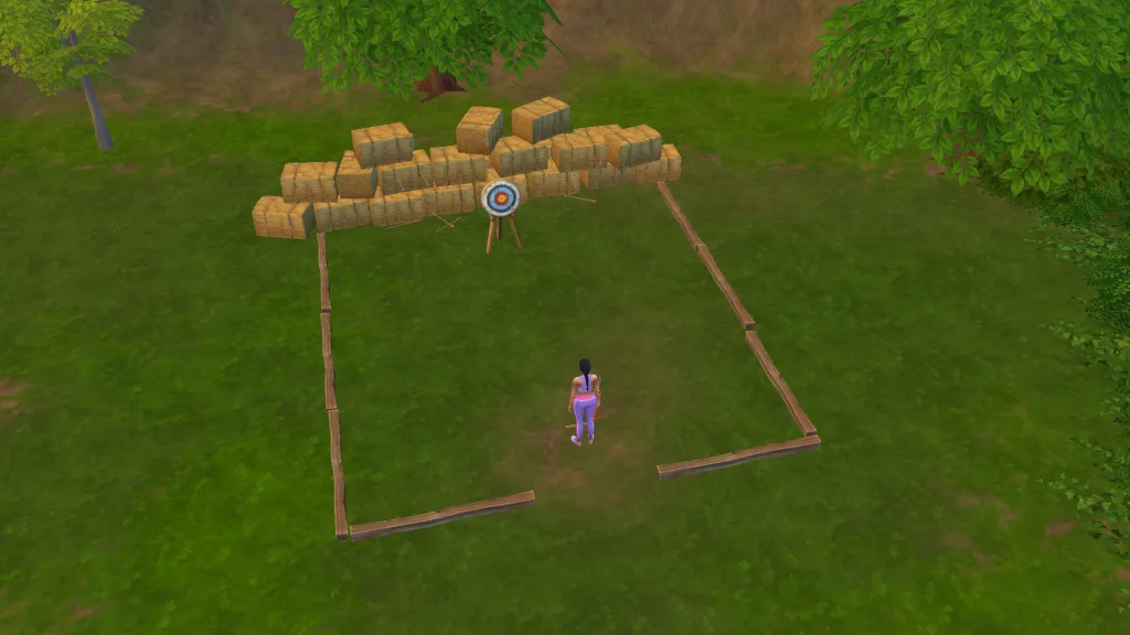 A Sim in leisurewear stood looking at an archery target and hay bales in the park in Adventure Awaits.