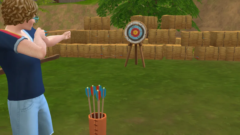 Nigel in The Sims 4: Adventure Awaits doing archery in park by hay bales in Gibbi Point.
