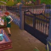 A Sim rising up from a coffin while a Pancakes looks shocked in Ravenwood in The Sims 4: Life & Death.