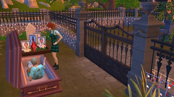 A Sim rising up from a coffin while a Pancakes looks shocked in Ravenwood in The Sims 4: Life & Death.