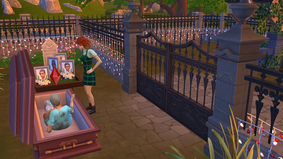 A Sim rising up from a coffin while a Pancakes looks shocked in Ravenwood in The Sims 4: Life & Death.