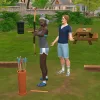 Two Sims doing archery in Gibbi Point in The Sims 4, one using a bow while the other shrugs.