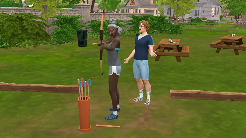 Two Sims doing archery in Gibbi Point in The Sims 4, one using a bow while the other shrugs.