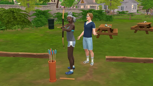Two Sims doing archery in Gibbi Point in The Sims 4, one using a bow while the other shrugs.