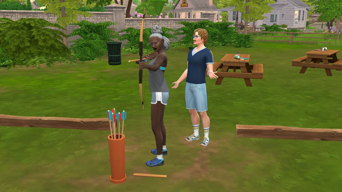 Two Sims doing archery in Gibbi Point in The Sims 4, one using a bow while the other shrugs.