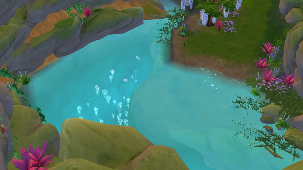 A blue lagoon full of jellyfish floating around in the water with wisteria and other pink and purple plants around it. Pruella the Plumbird is stood at the edge of the pool.