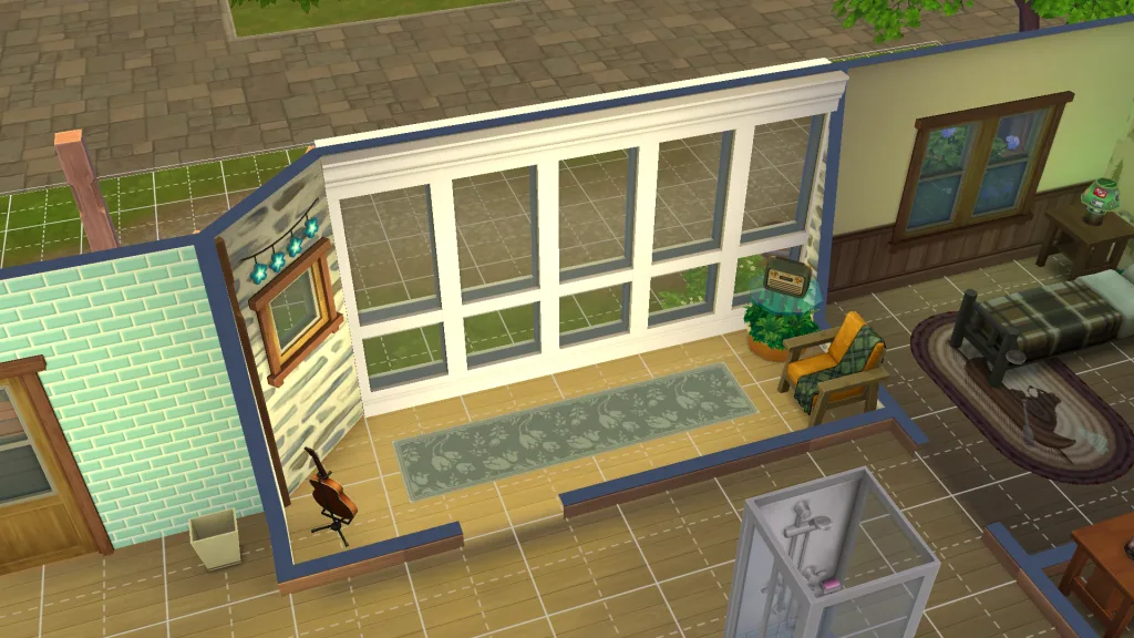 The inside of a small conservatory in The Sims 4: Adventure Awaits, showing a guitar, runner, fairy lights, plants, and wainscoting.