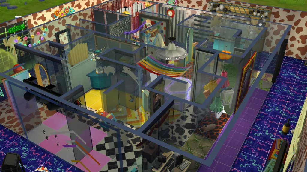 A funhouse in The Sims 4 with glowing floors and quirky decorations, built with glass walls.