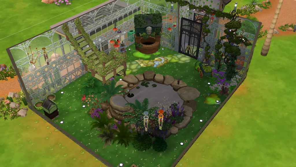 A winter garden in Oasis Springs in The Sims 4 with a piranha pond, plants, and a wishing well.