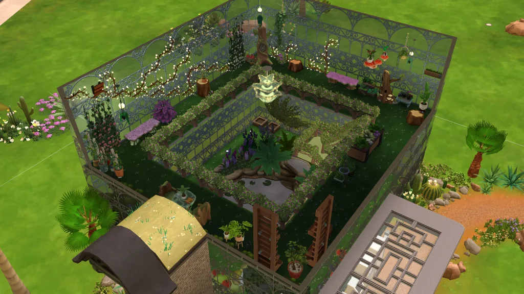 The inside of a glass walled winter garden in the sims 4, showing plants and many items from Enchanted By Nature, all with a natural theme.