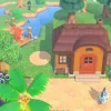 An aerial shot of a colourful tropical island in Animal Crossings: New Horizons, with two villagers wandering around.