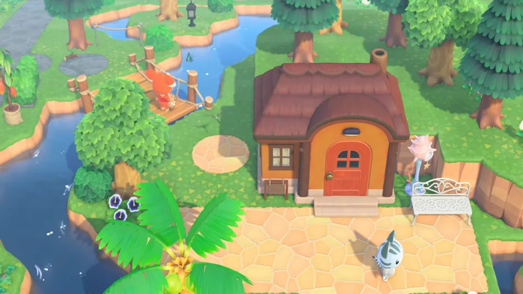 An aerial shot of a colourful tropical island in Animal Crossings: New Horizons, with two villagers wandering around.