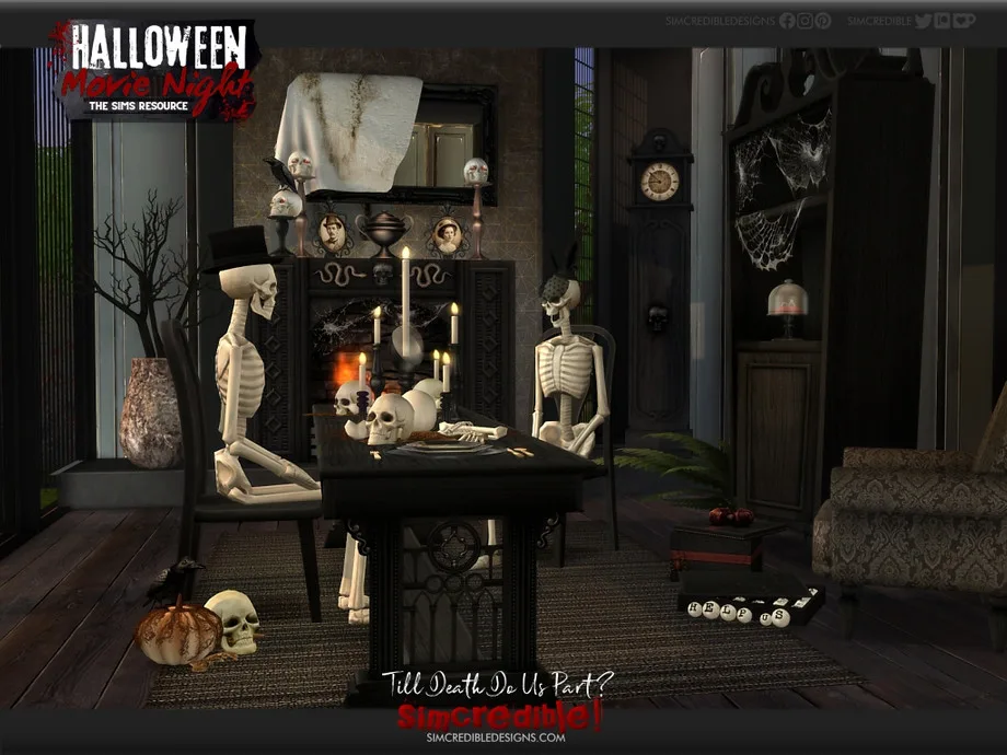 Skeletons, skulls, vintage furniture, and scary decor made by Simcredible.
