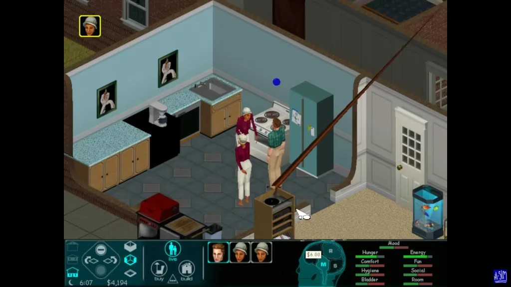 A furnished kitchen in The Sims 1 prototype showing a blue orb floating above Sims heads.