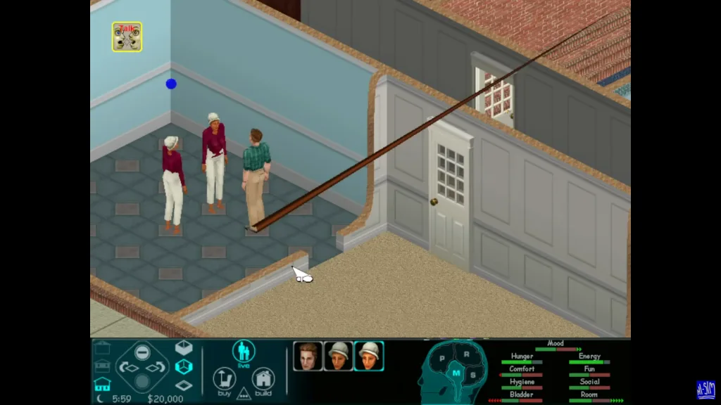 An empty house and a family in The Sims 1 prototype showing a user interface with a brain cross-section in it alongside mood motives.