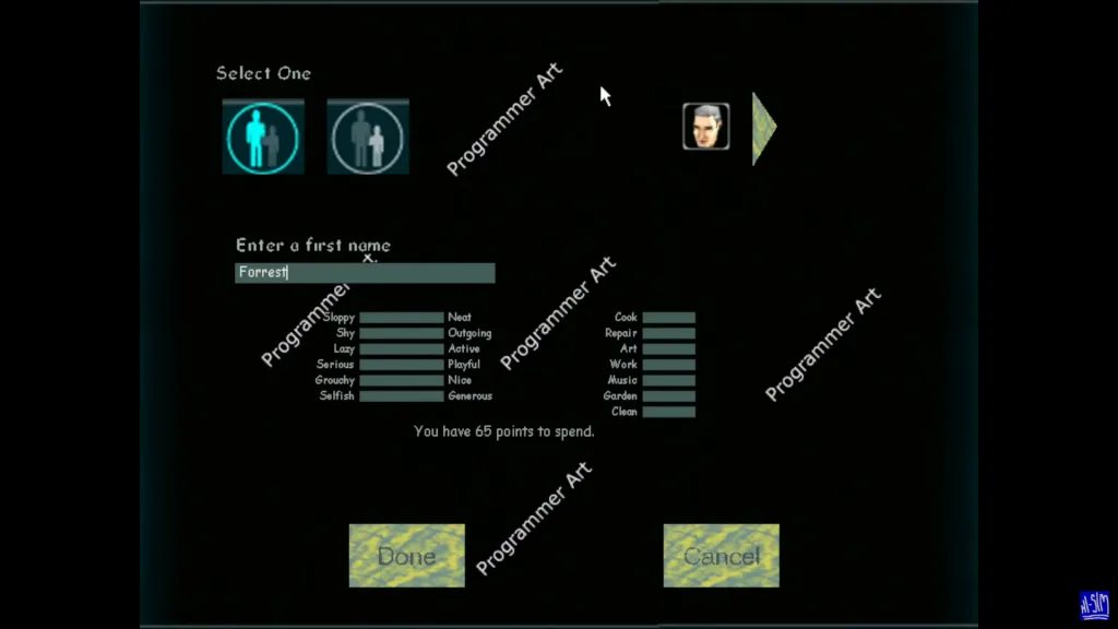 The create-a-sim interface showing how to make a Sim, their personality point, and lots of plain text placeholders.