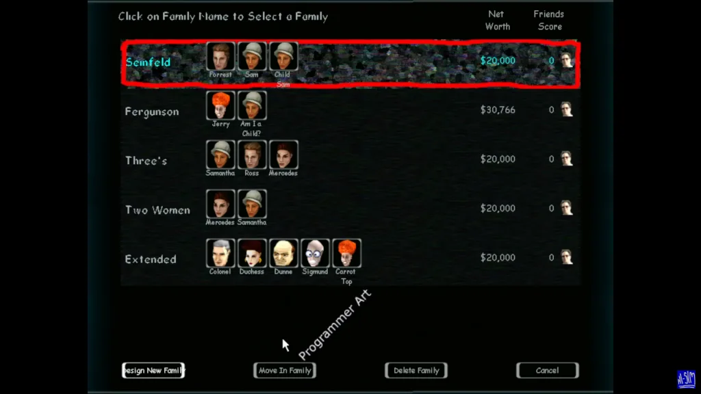 The family bin in The Sims 1 prototype, showing lots of premade Sims' heads, household names, and incomes.