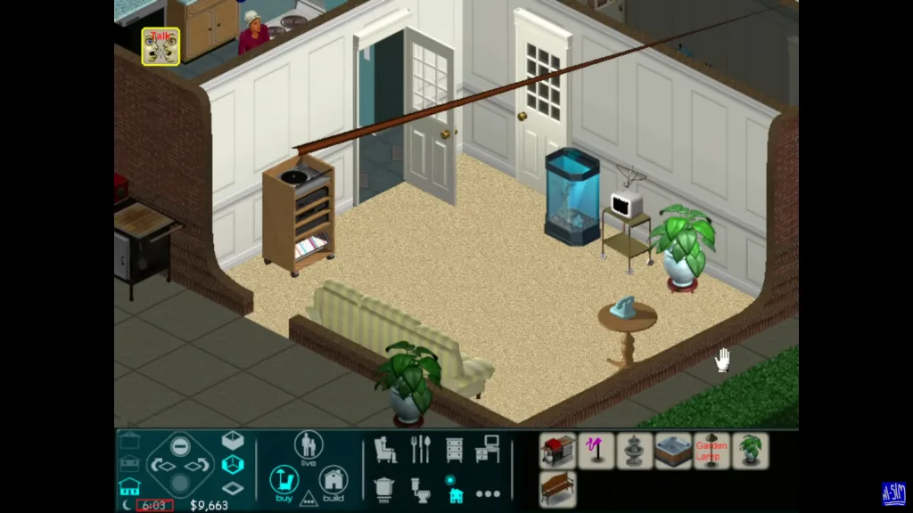 A living room in The Sims 1 prototype, showing lots of furniture, a record deck, fish tank, tv, rubber plant, and other household items. It's in buy mode.