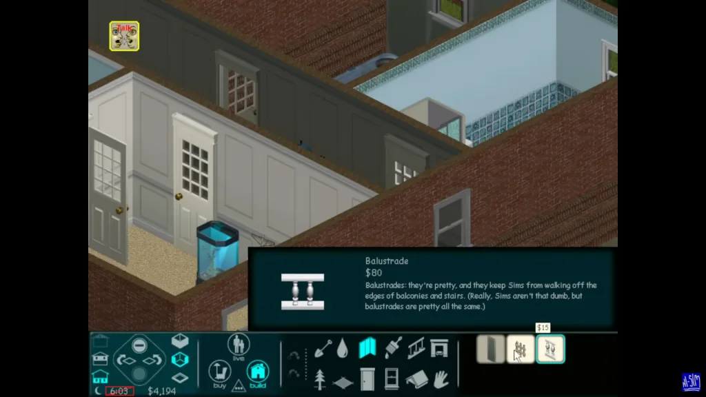 A balustrade in The Sims 1's prototype in the build mode interface. It's in a large plain brick suburban house.