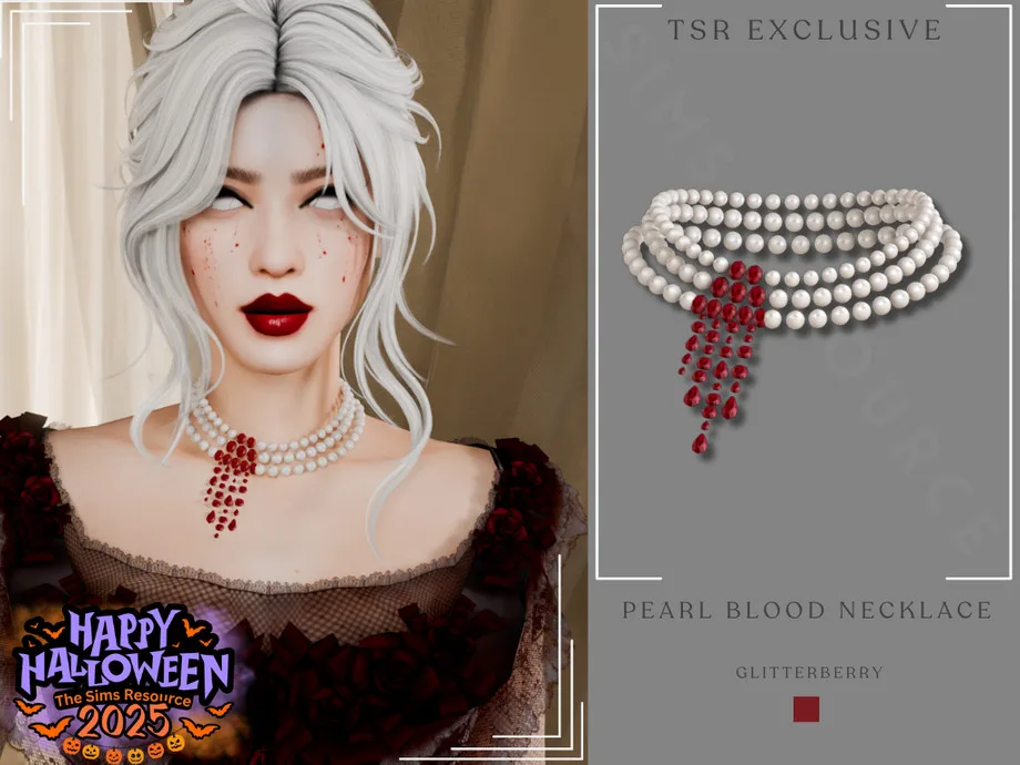 A drippy pearl choker with red beads that look like blood being worn by a Sim in a Halloween costume. It's made by Glitterberry.