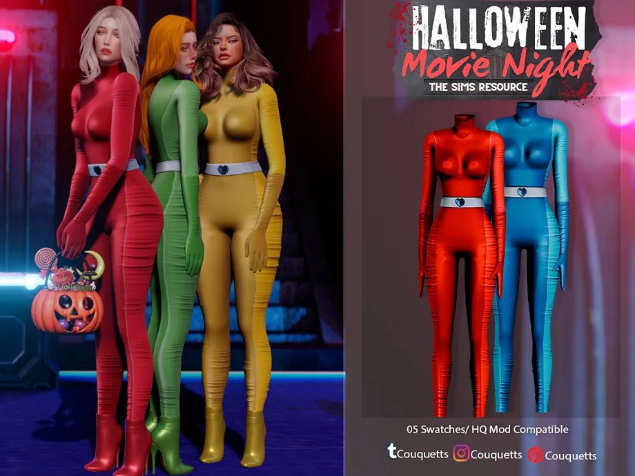 Three Sims dressed as spies in brightly coloured all in one suits, as designed by Couquetts.