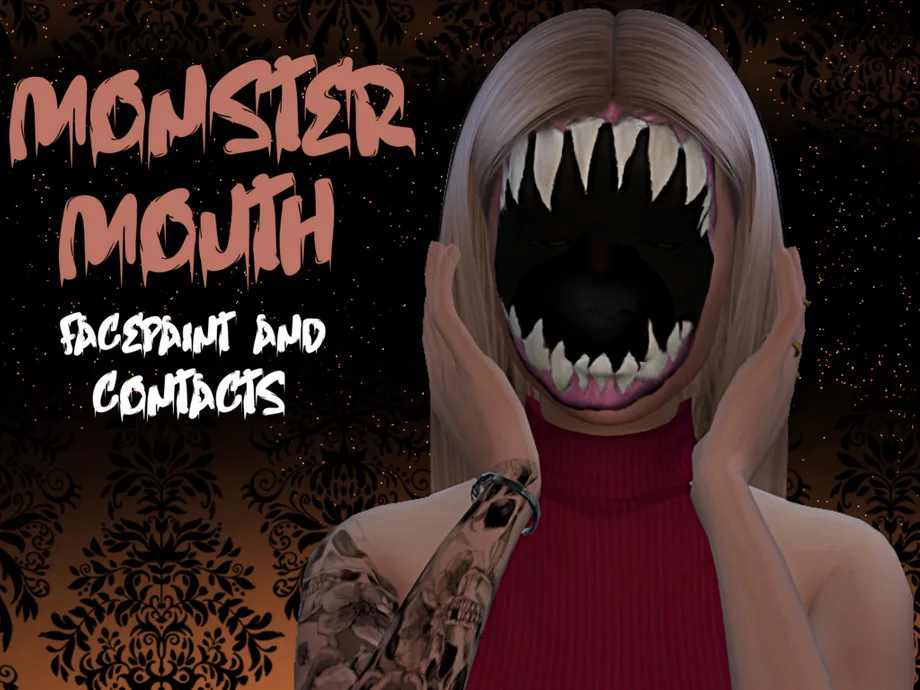 A scary open mouth facepaint in The Sims 4 showing sharp teeth and gums on a face. It's designed by Alttrait.