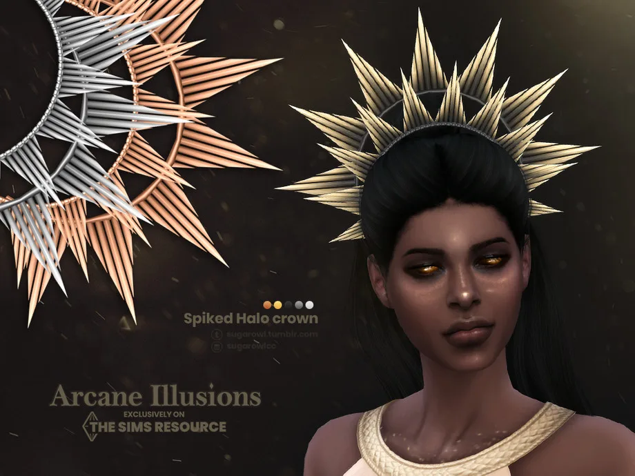 A Sim waring a pointy metallic tiara on top of their head in The Sims 4. It's designed by Arcane Illusions.
