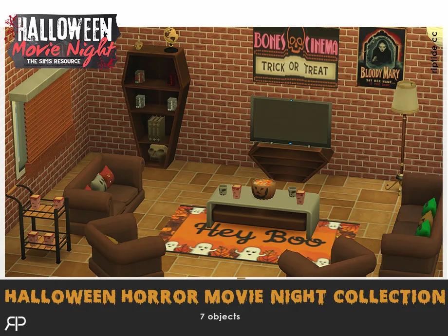A coffin bookshelf, pumpkin sweets bowls, popcorn containers, and horror movie posters by Riptidecc.
