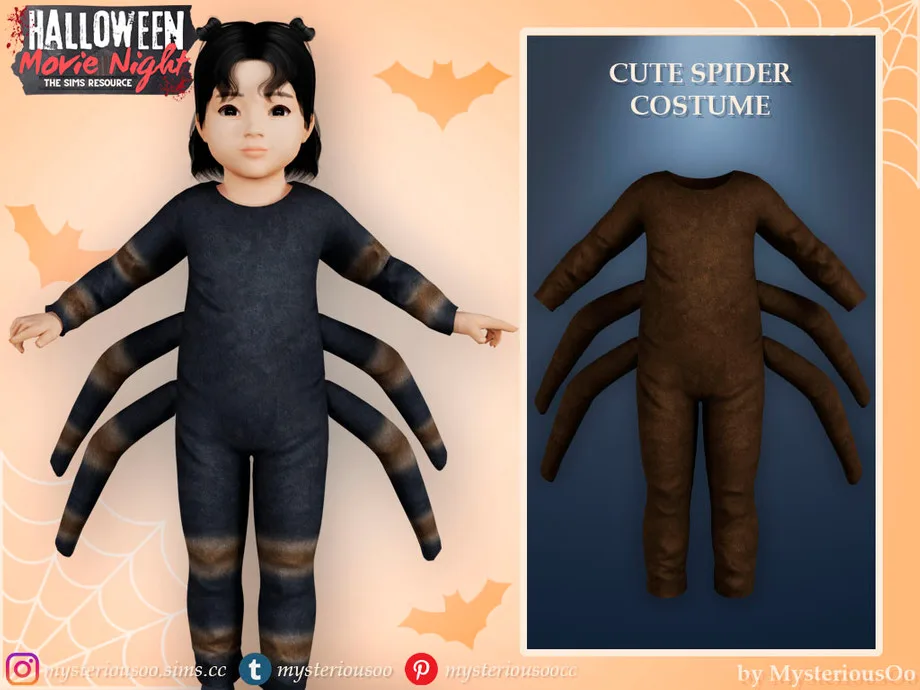 A spider costume being worn by a toddler Sim in The Sims 4, as designed by MysteriousOo.