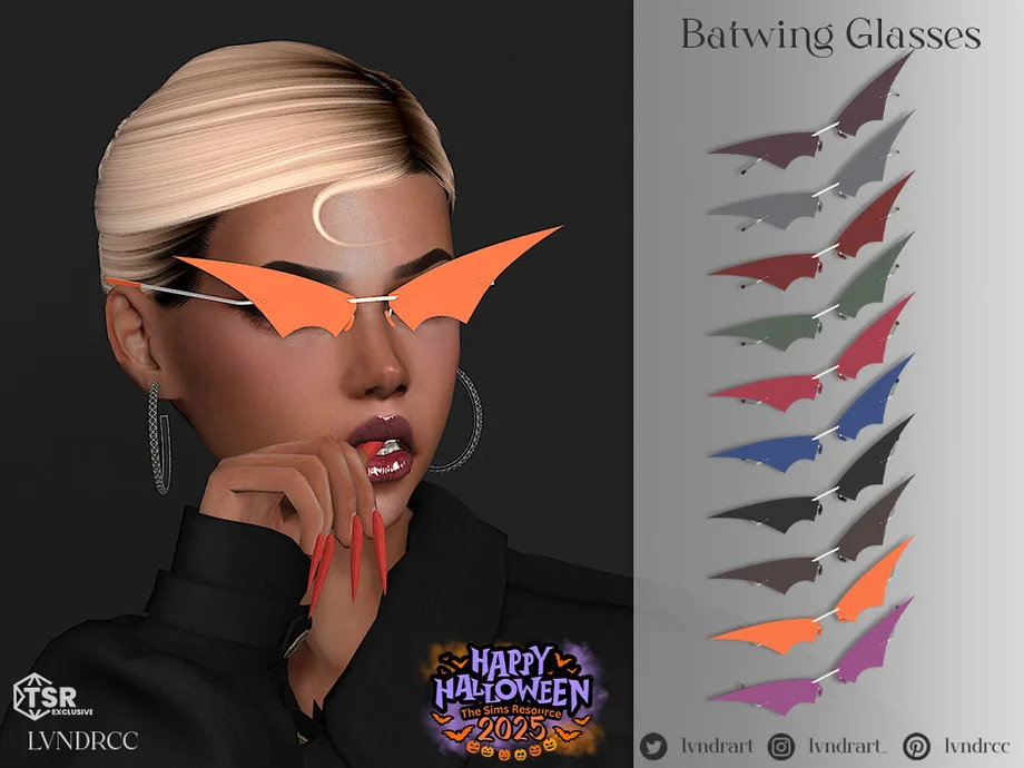 Some very point bat wing sunglasses being worn by a Sim, with other swatches laid out next to them. It's designed by LVNDRCC.