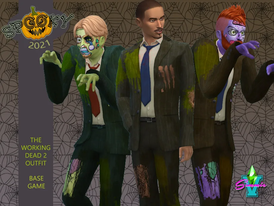 Three Sims in suits looking like zombies, complete with tears and strange makeup or face paint. It's designed by SimmieV.