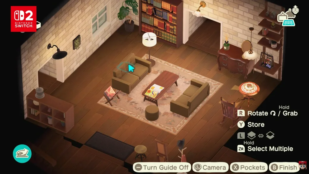A 3/4 aerial shot of a load of furniture and decor in a modernist room in Animal Crossing: New Horizons for the Switch 2.