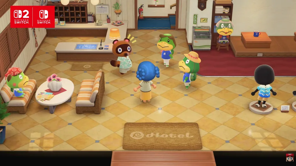 The Tortimer Resort Hotel in Animal Crossing: New Horizons, featuring a shocked looking Tom Nook and various Kappa family members and holiday furniture.